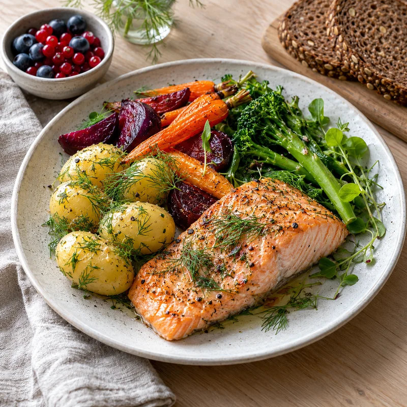 Nordic meal of salmon, dill potatoes, roasted root vegetables and greens, with rye bread and berries